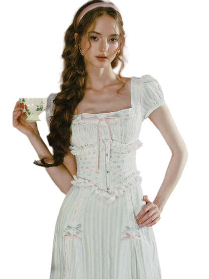 Jacquard Puff-Sleeve Corset Dress