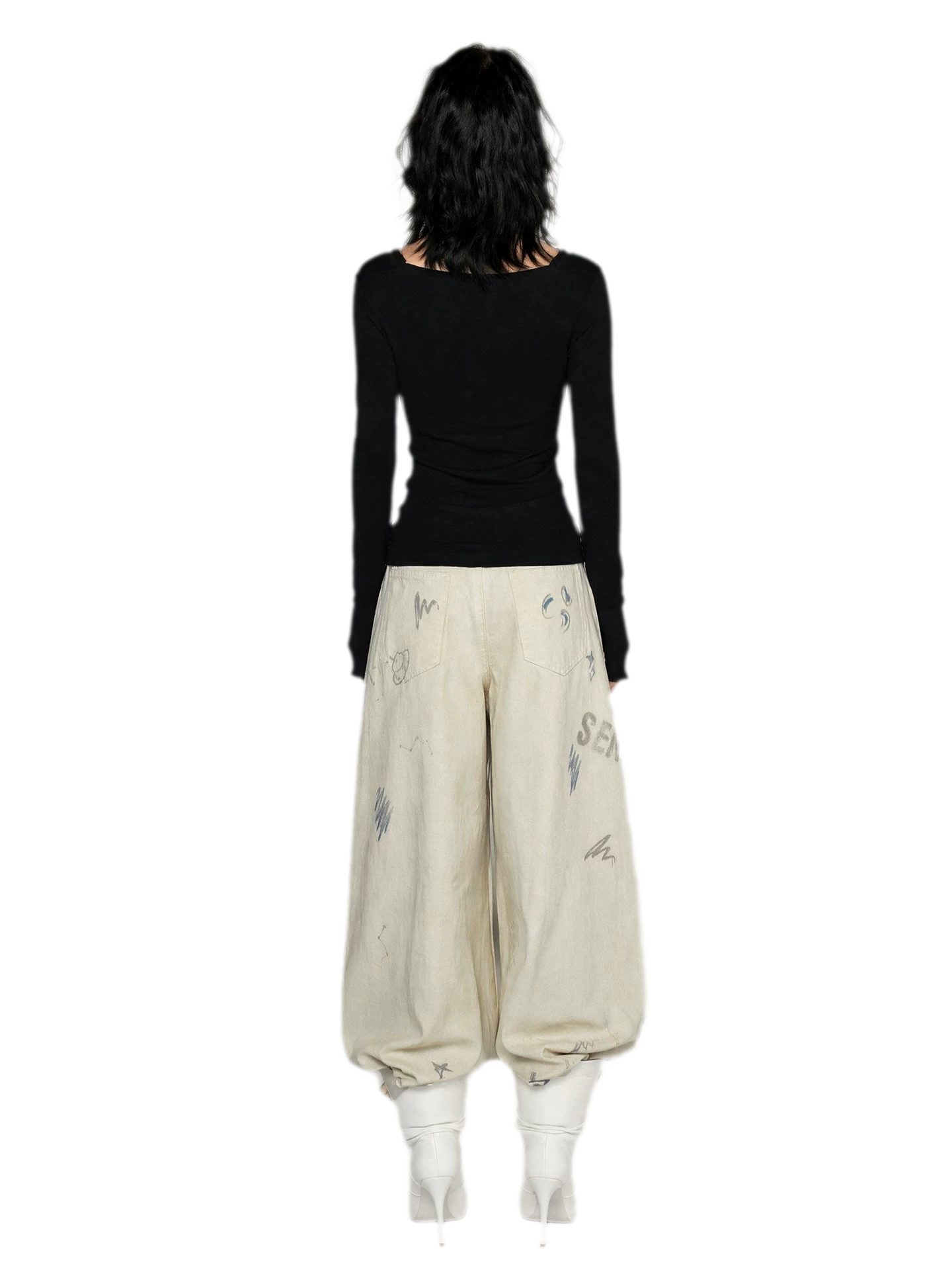 Washed Graffiti Wide-Leg Jeans