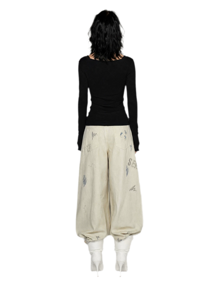 Washed Graffiti Wide-Leg Jeans