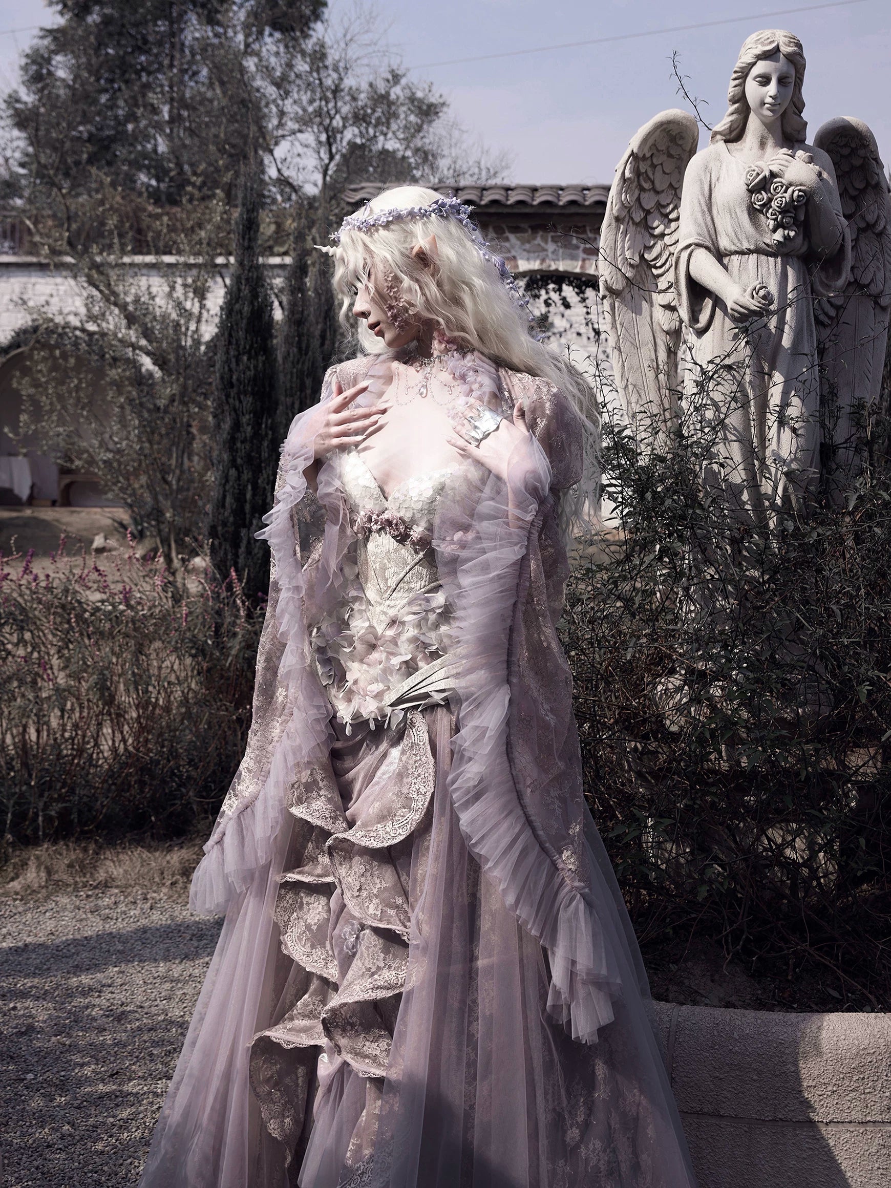 Sheer Lace Puff-Sleeve Capelet