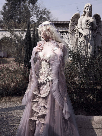 Sheer Lace Puff-Sleeve Capelet