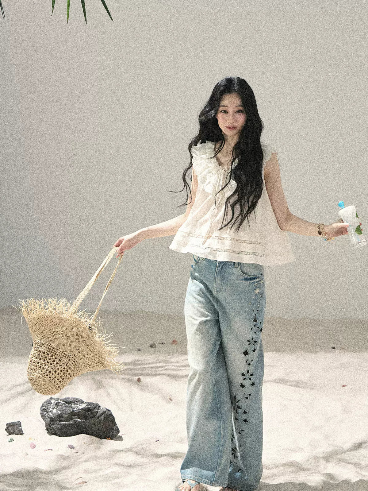 Flowing Moonlight Lace Ruffle Short Blouse