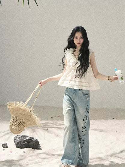 Flowing Moonlight Lace Ruffle Short Blouse