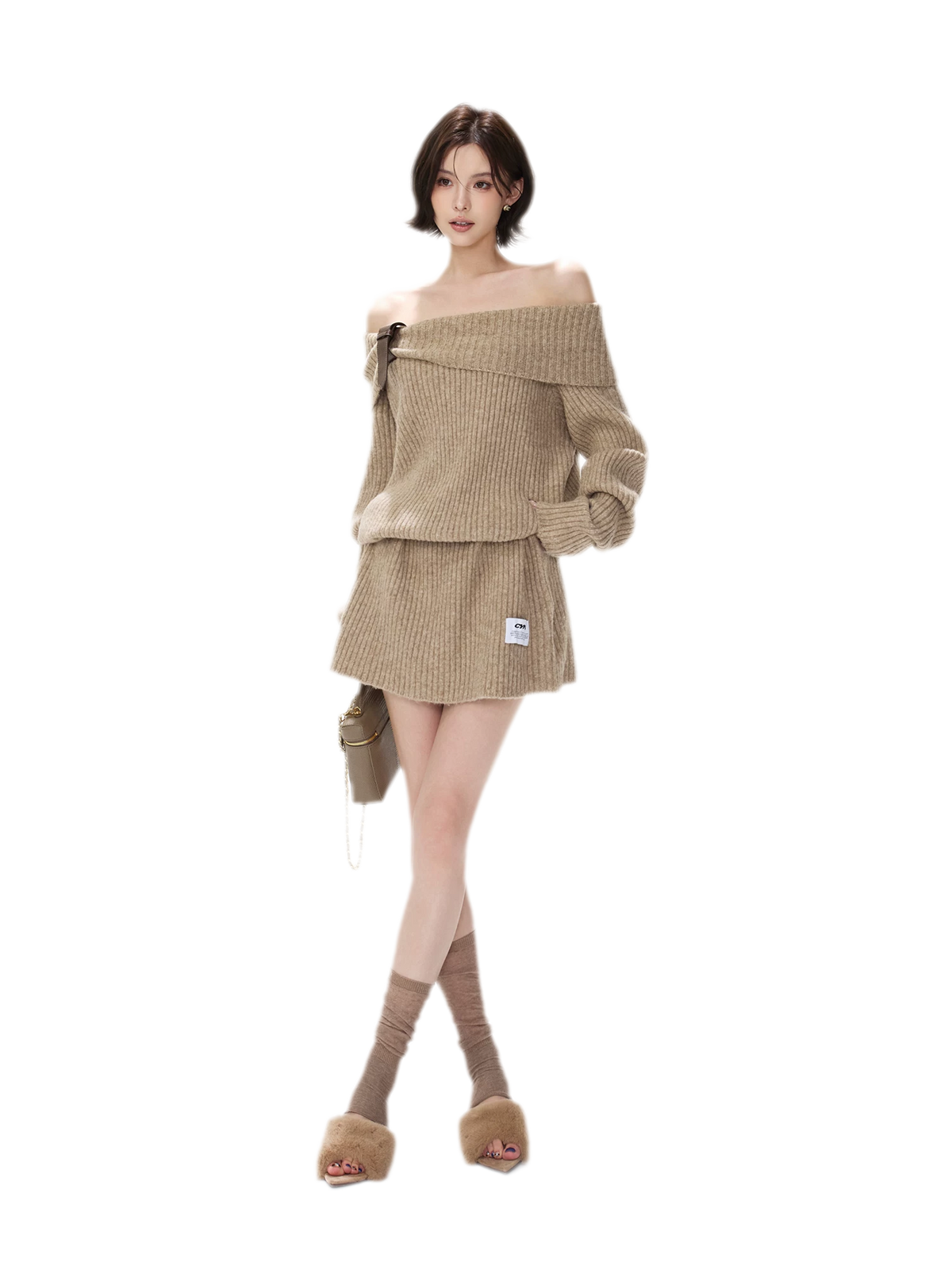 Aufgerautes geripptes One-Shoulder-Strickkleid