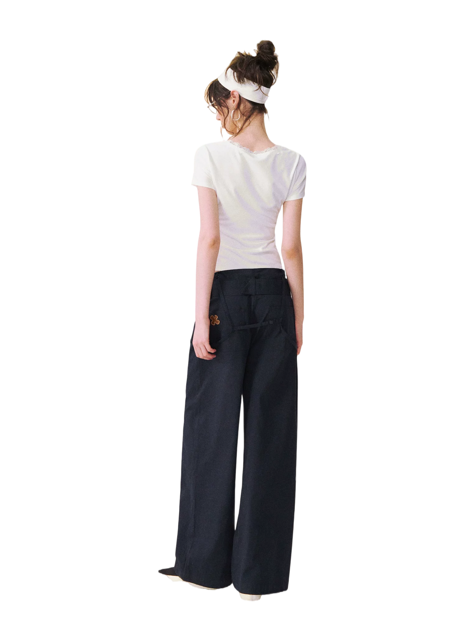 Square Neck Lace-Panel Slim T-shirt