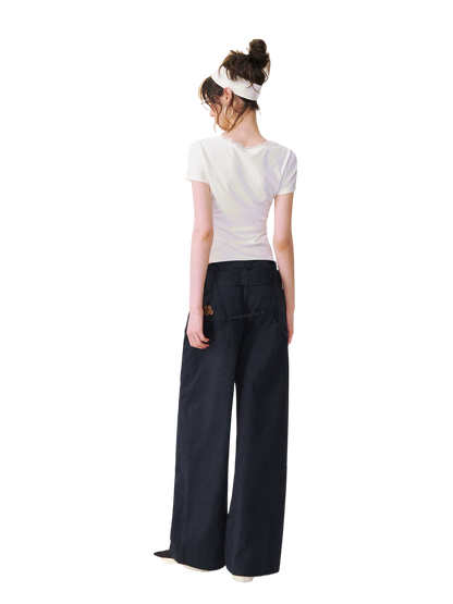 Square Neck Lace-Panel Slim T-shirt
