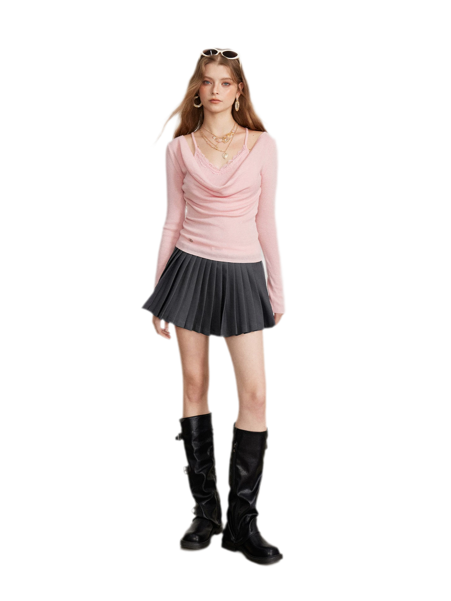 Draped Lace Trim Knit Top