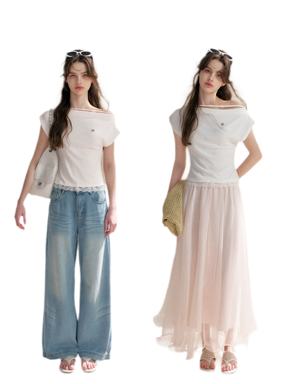 Lace Trim Asymmetric Short Sleeve T-Shirt