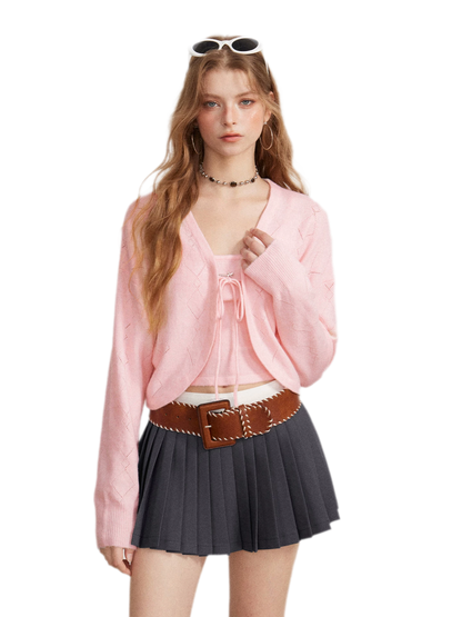 Diamond Knit Tie Cardigan Set