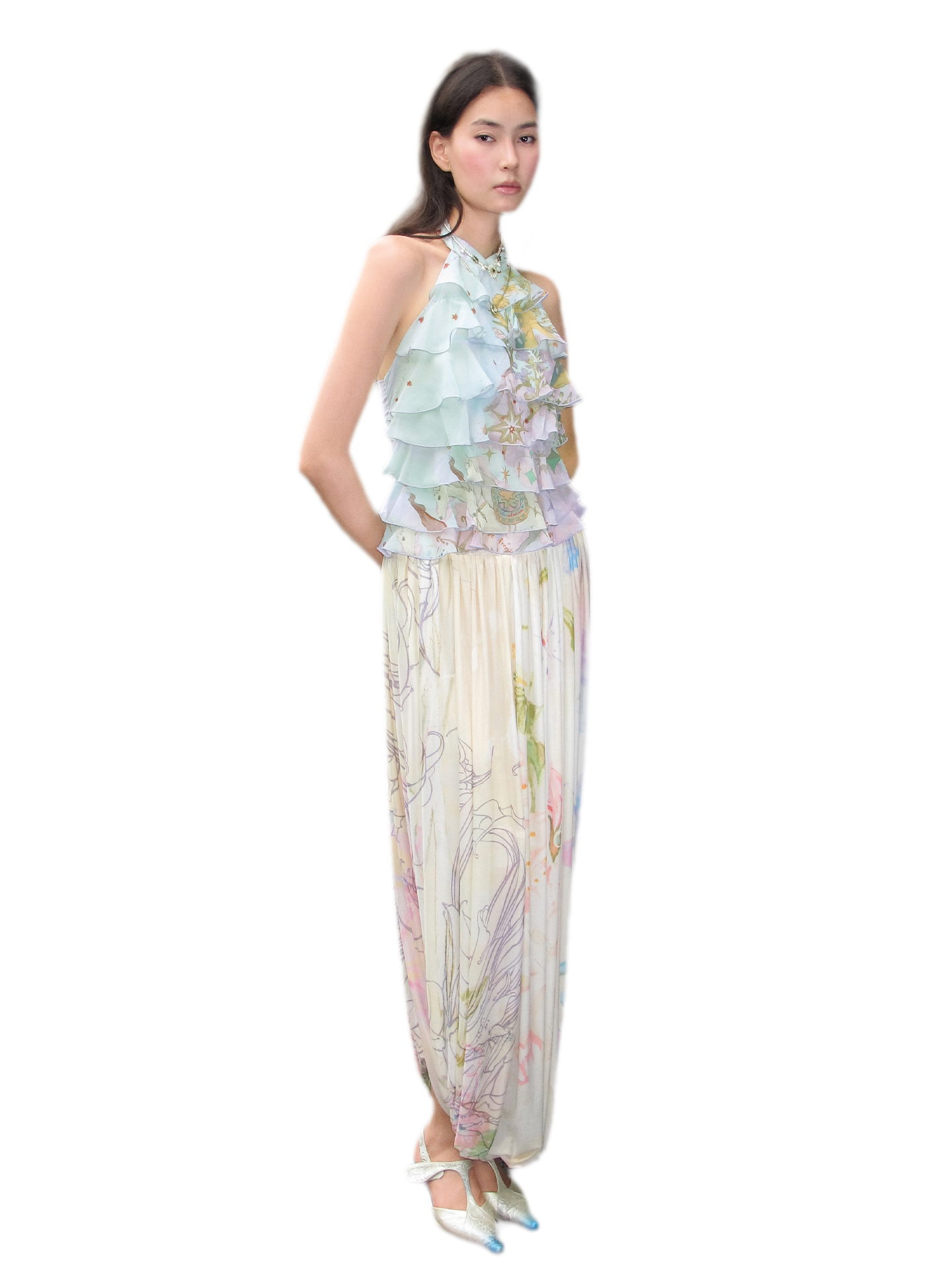 Printed Halter Ruffle Chiffon Top