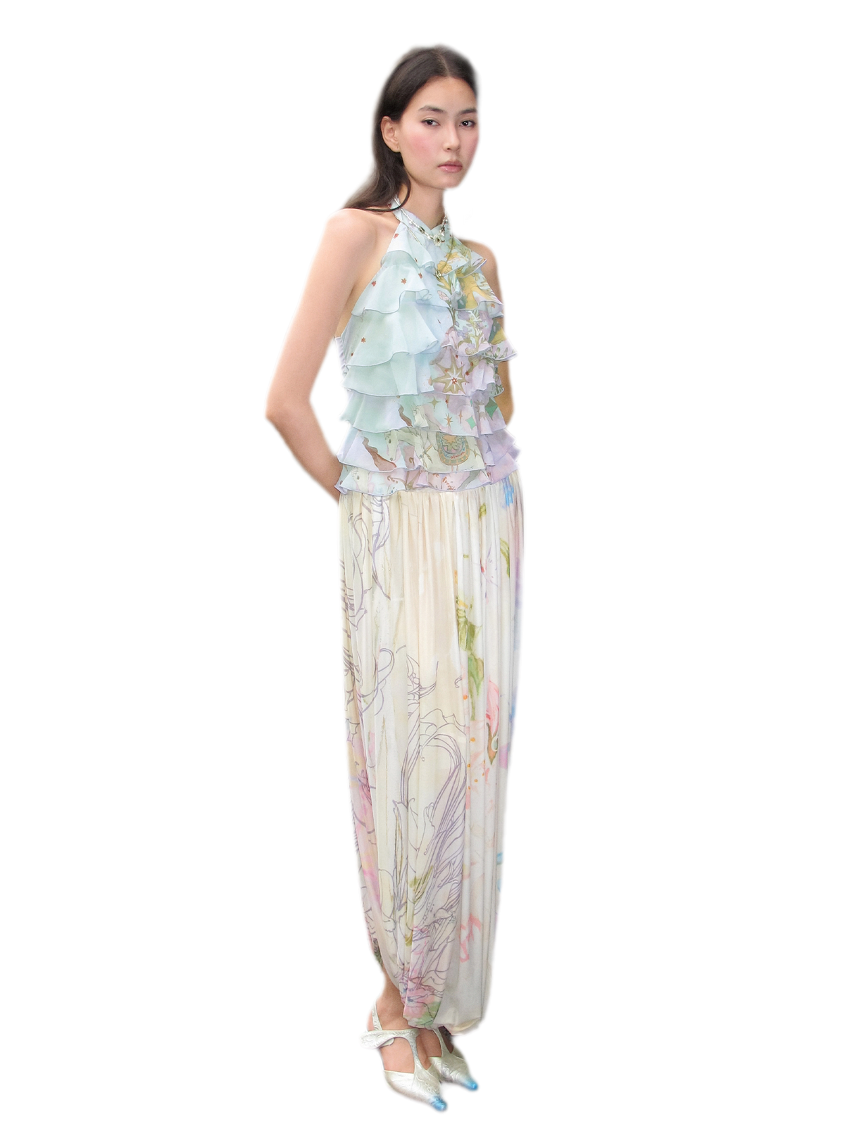Printed Halter Ruffle Chiffon Top