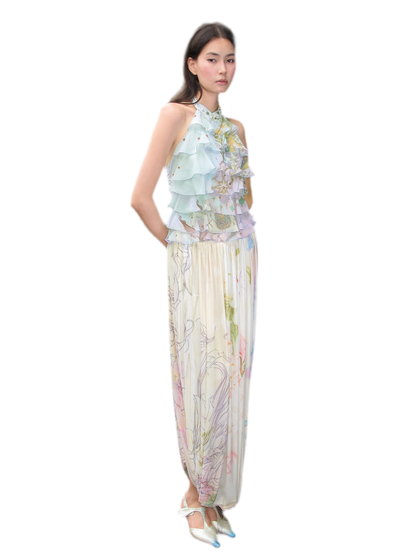 Printed Halter Ruffle Chiffon Top