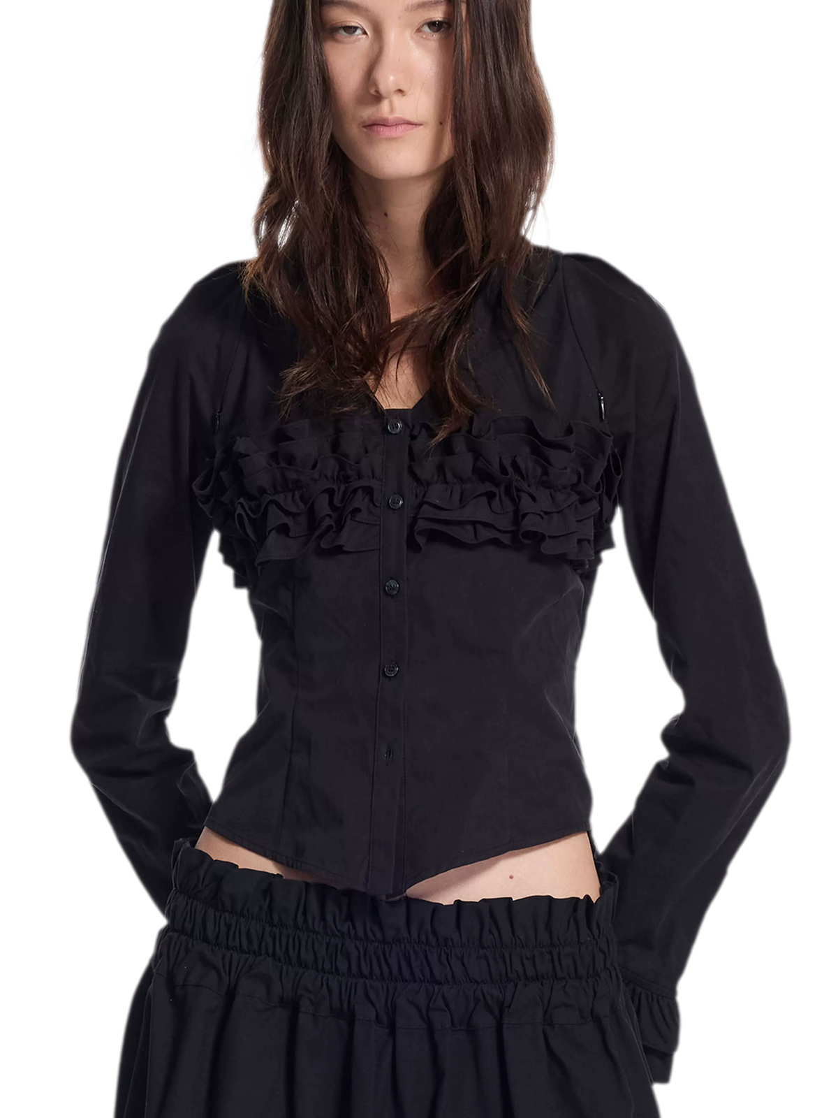 Pleated Ruffle Puff-Sleeve Shirt