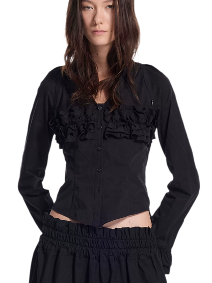 Pleated Ruffle Puff-Sleeve Shirt