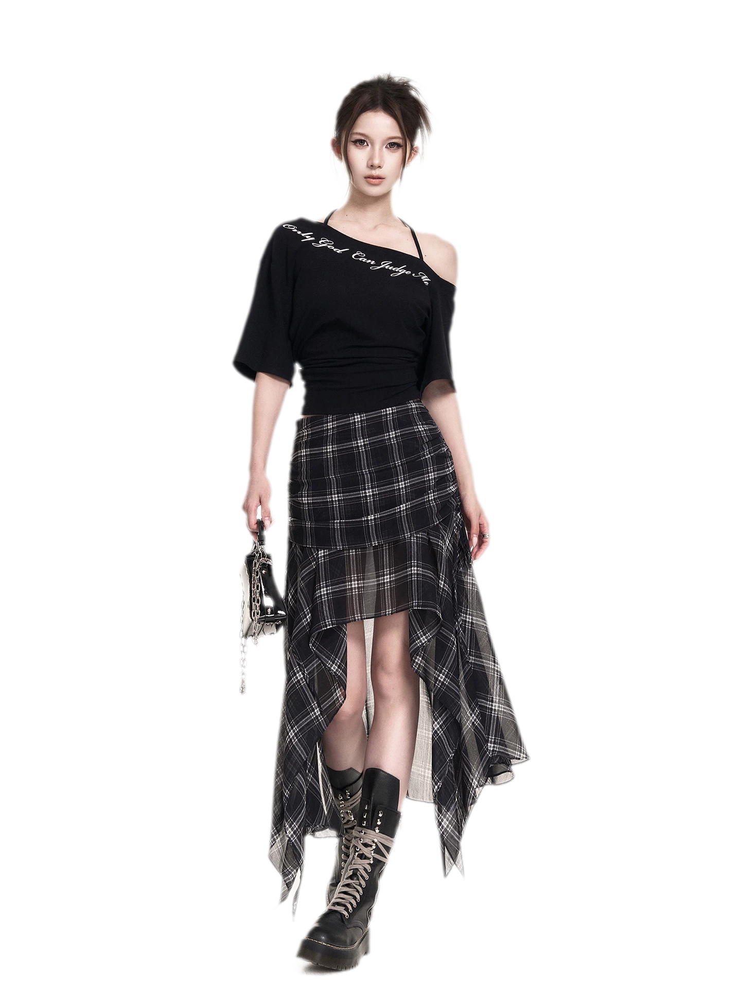 Plaid Asymmetric Midi Skirt