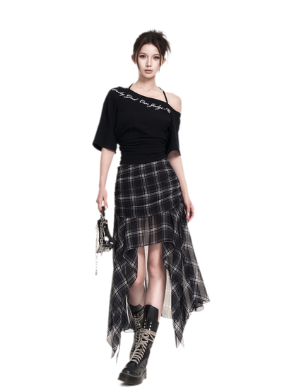 Plaid Asymmetric Midi Skirt
