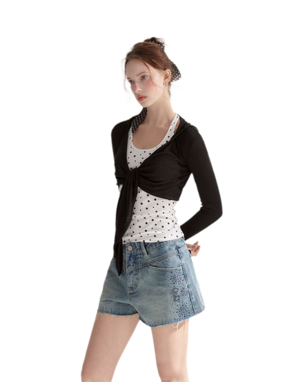 Vintage Washed Blue Rhinestone Denim Shorts