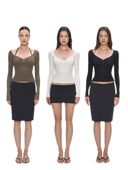 Ribbed V-Neck Button Top