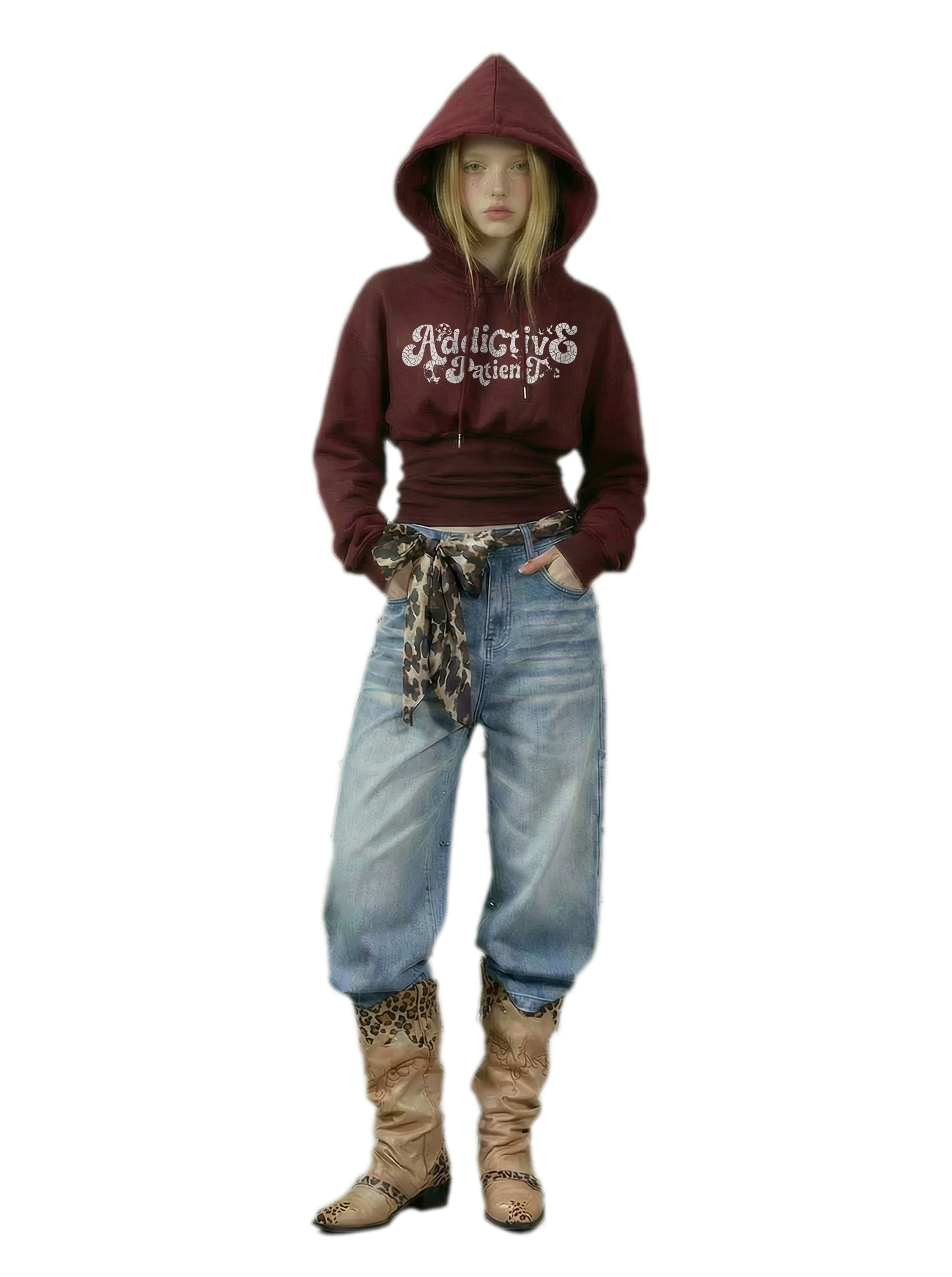 Graphic Cropped Cinched Hoodie