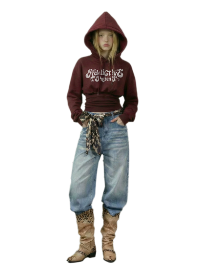 Graphic Cropped Cinched Hoodie