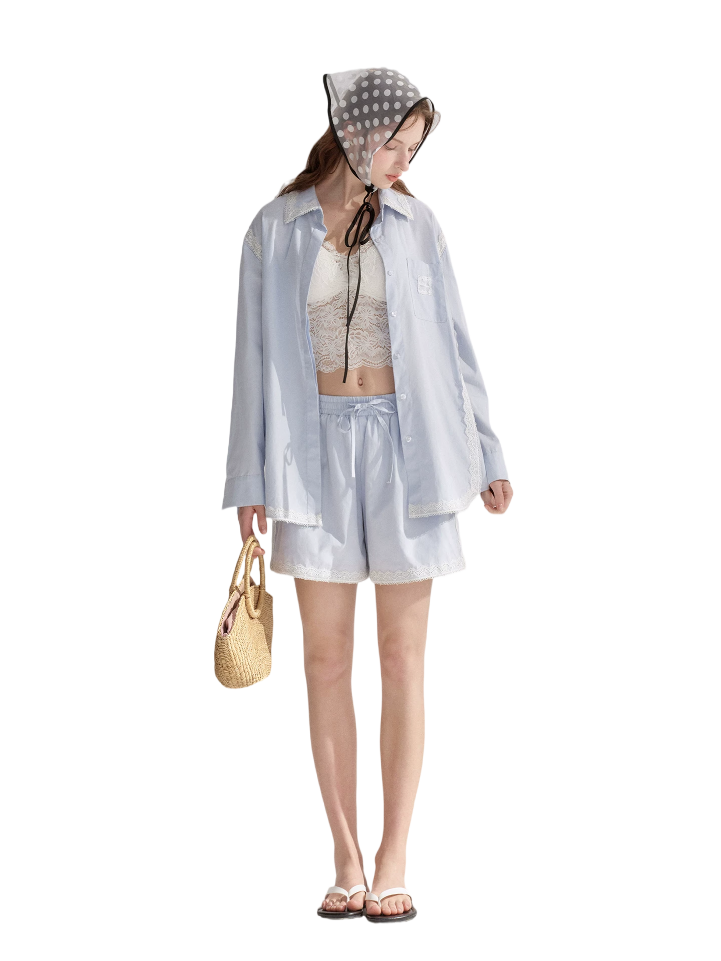 Lace Embroidered Loose Shirt &amp; Shorts Set