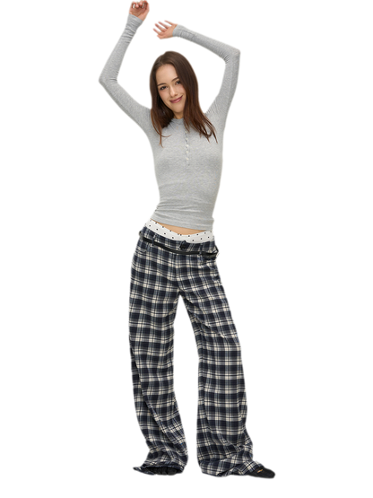 Brushed Plaid Wide-Leg Pants