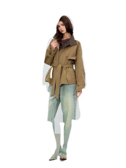 Pleated Stand-Collar Utility Jacket
