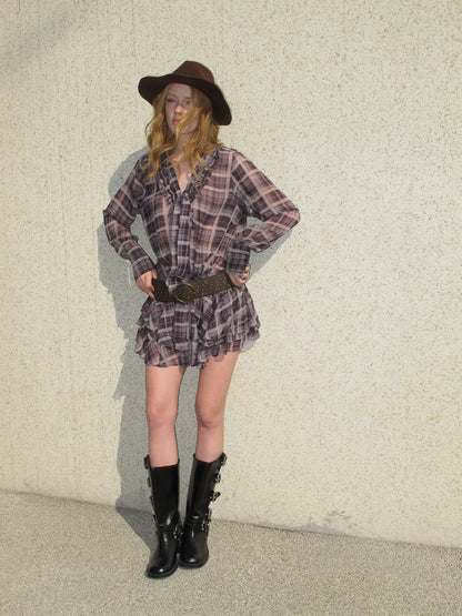 Plaid Chiffon V-Neck Dress