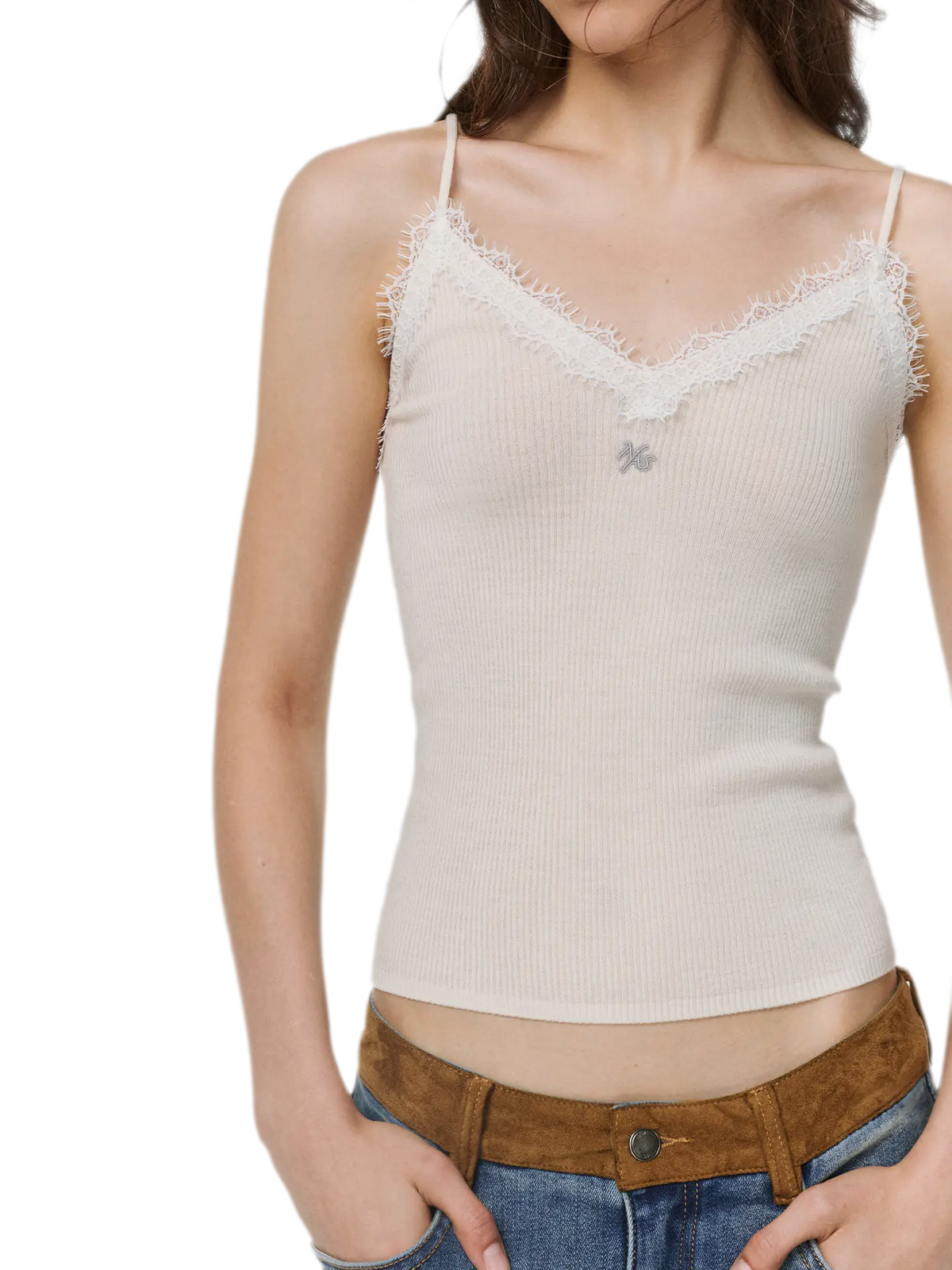 Feinstrick-Camisole aus Wolle mit Spitzenbesatz 100% Wolle