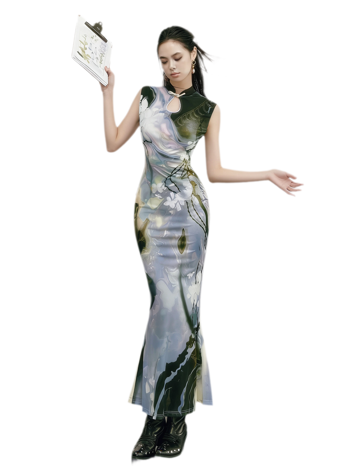 Black Rose Impressionist Print High-Waist Mermaid Dress