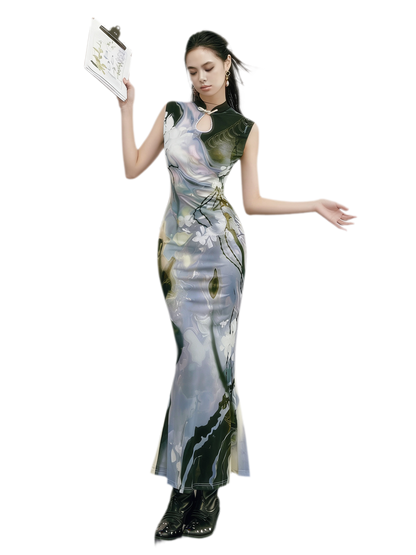 Black Rose Impressionist Print High-Waist Mermaid Dress