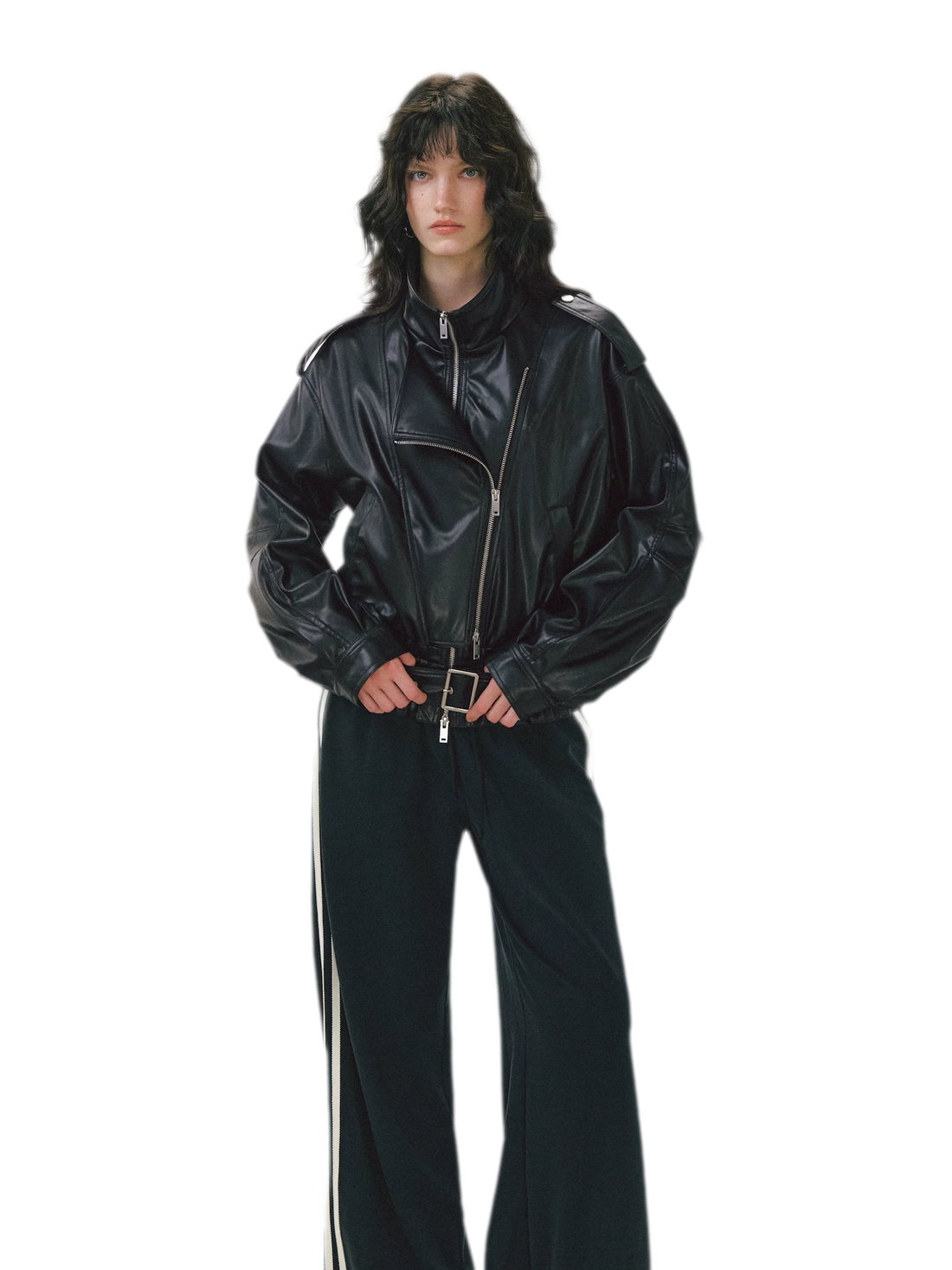 Leather-Look Cropped Motorcycle Jacket