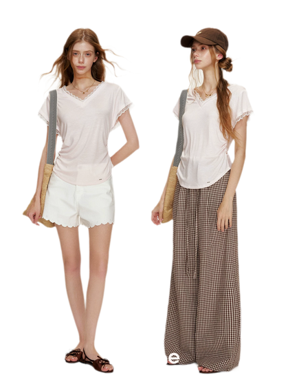 Tencel Lace Trim Loose Short Sleeve T-Shirt