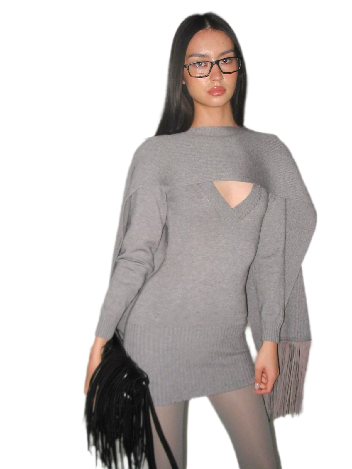 Deep V Fringe Knit Dress