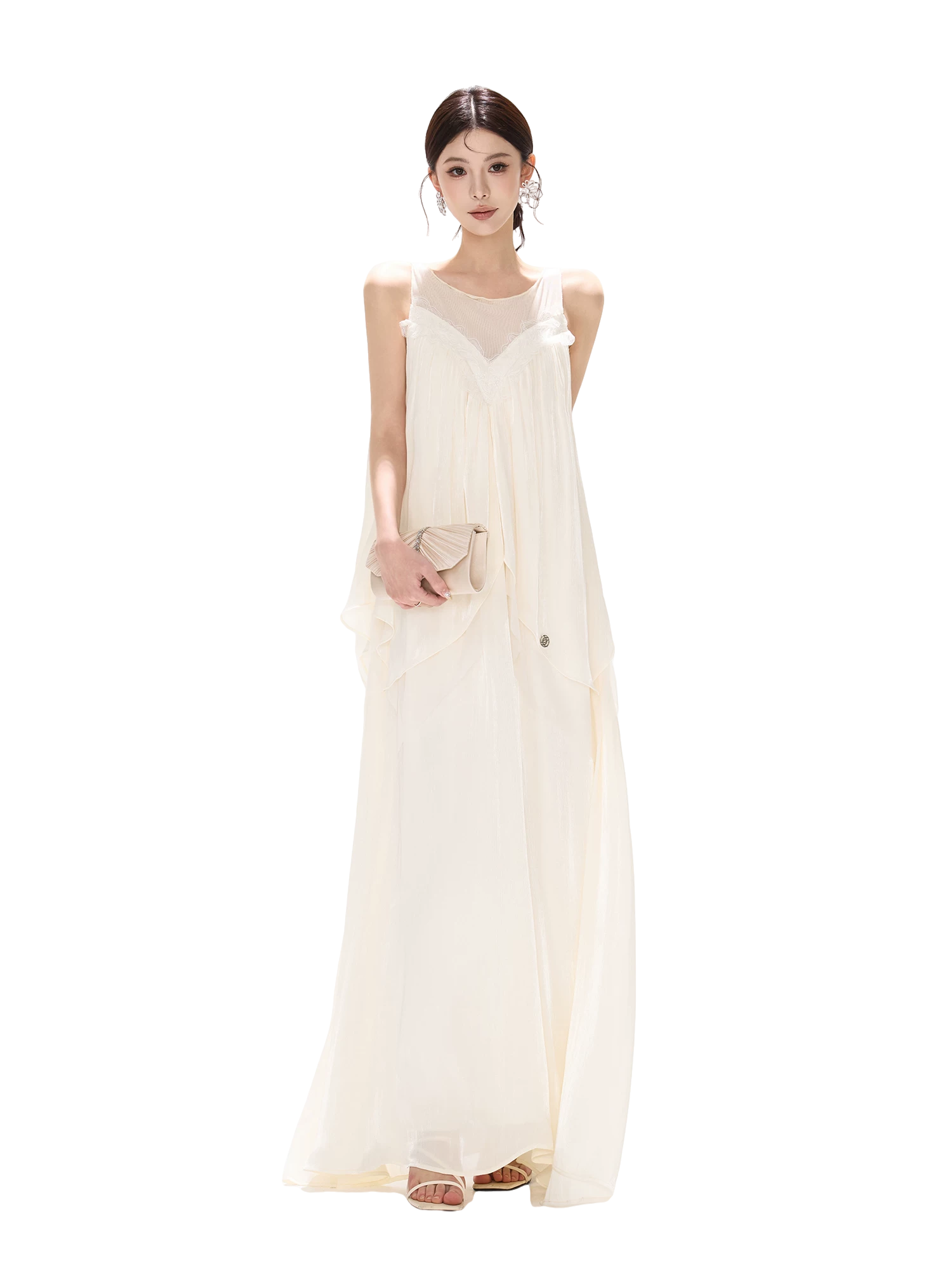 Sleeveless Mesh Spliced Ruffle Long Dress
