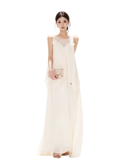 Sleeveless Mesh Spliced Ruffle Long Dress