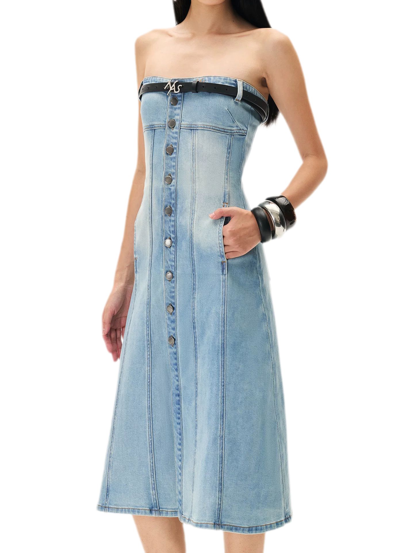 Washed Sculpted Denim Midi Dress