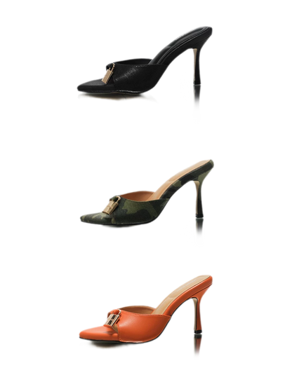 Buckle Pointed-Toe Heeled Mules