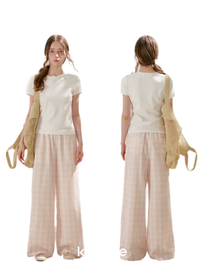 Linen Checkered High-Waist Wide-Leg Pants