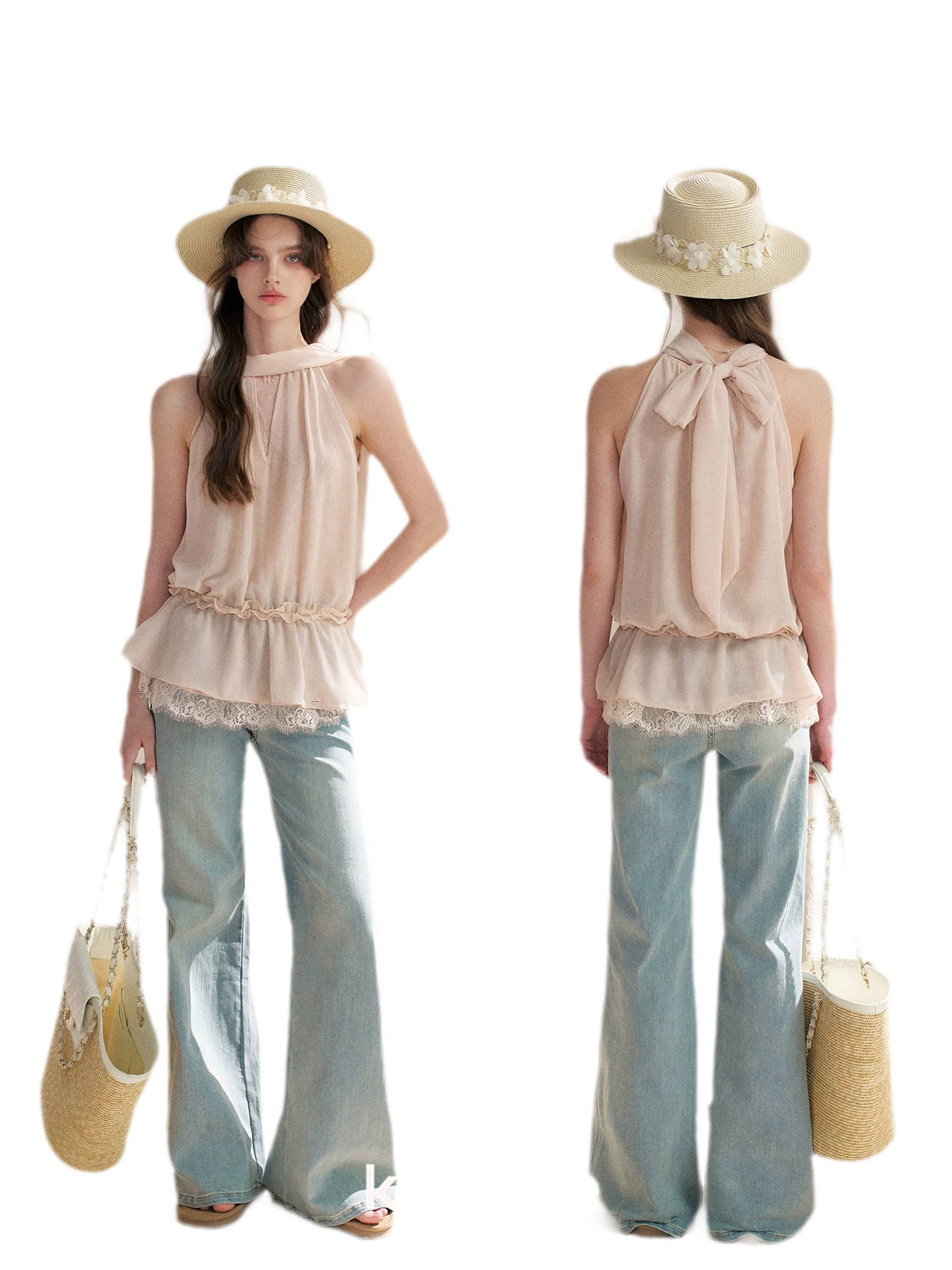 Chiffon Lace Halter V-Neck Blouse