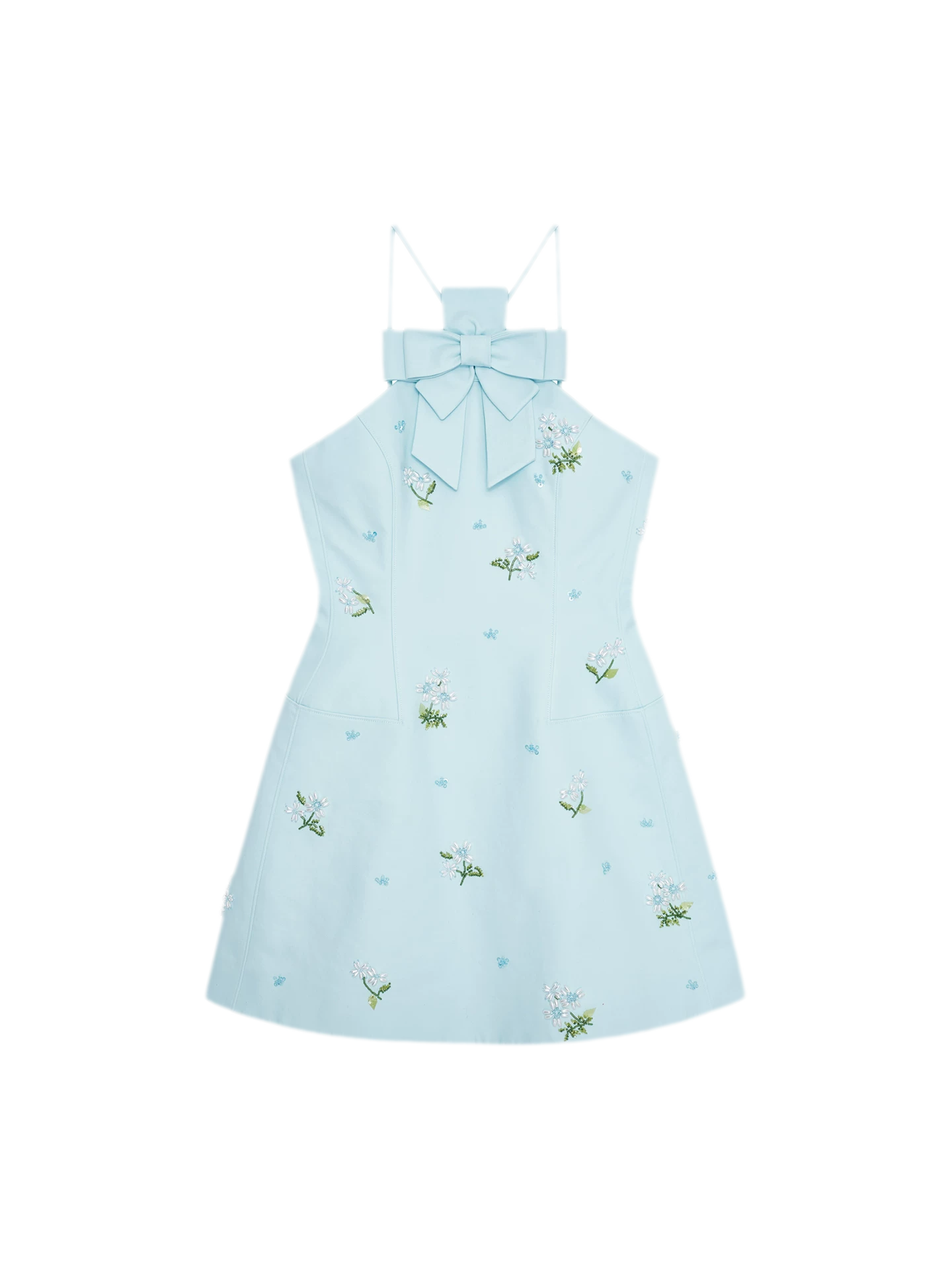 Embroidered Bow Halter Mini Dress