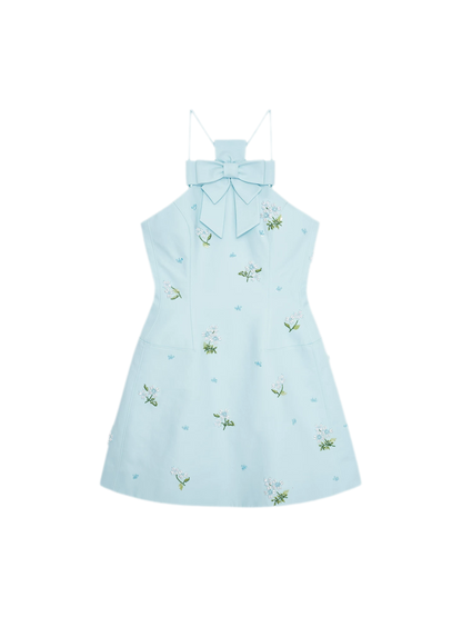 Embroidered Bow Halter Mini Dress
