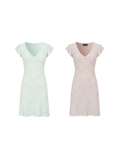 Lace-Trim Jacquard Knit Waist-Cinched Dress