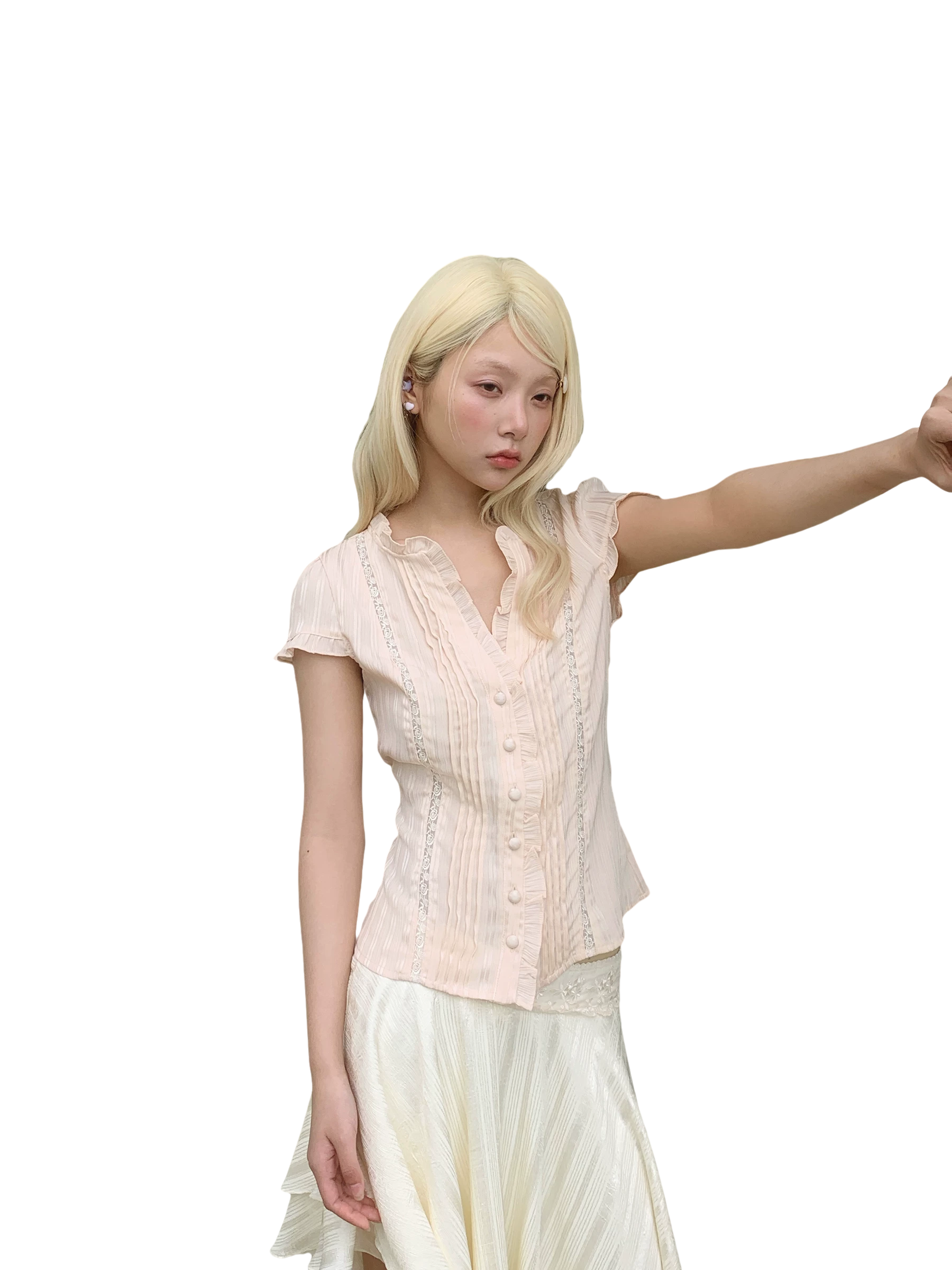 Ruffle Lace Waist-Trim Short Sleeve Shirt