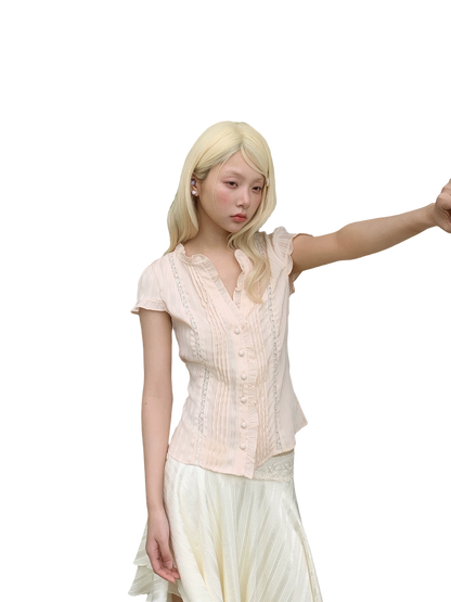 Ruffle Lace Waist-Trim Short Sleeve Shirt