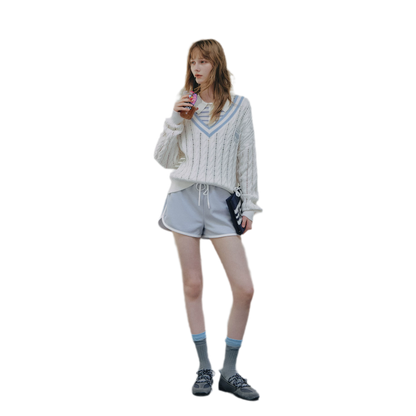 Cable Knit Cropped V-Neck Sweater