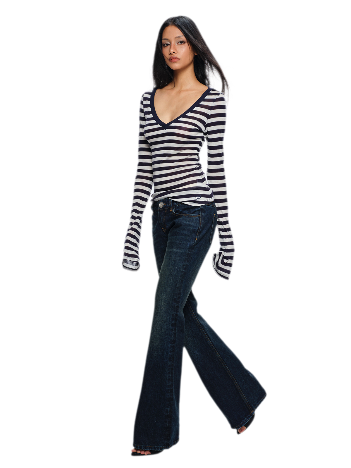 Wool V-Neck Striped T-Shirt