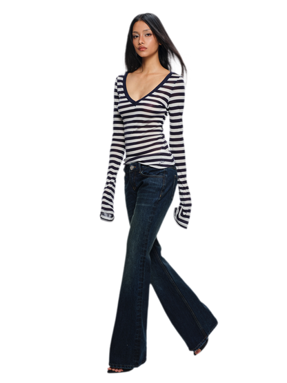 Wool V-Neck Striped T-Shirt