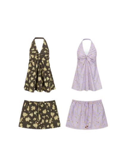 Twin Flowers French Floral Halter Top &amp; Drawstring