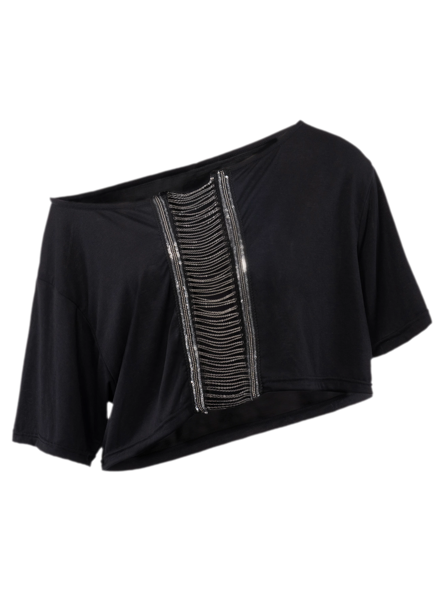 Black Loose Slant Shoulder Chain Crop Top